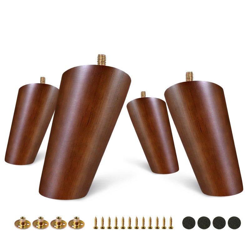 FoDau770 Brown Rubber Wood Furniture Legs 4 Inches, Slant Tapered Wood Legs Mid Century Sofa Legs Set of 4, 5/16"" UNC Furniture Feet Replacement Legs for Sofa Couch Dresser Chair Ottoman Table - Image 1